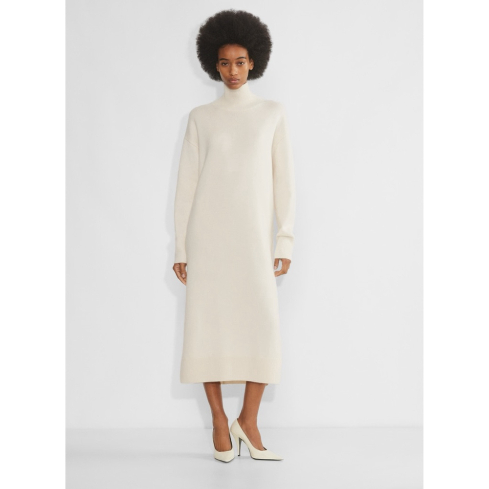 Zara Womens Small Cream Knit Long Sleeve High Neck Midi Dress Career Elegant